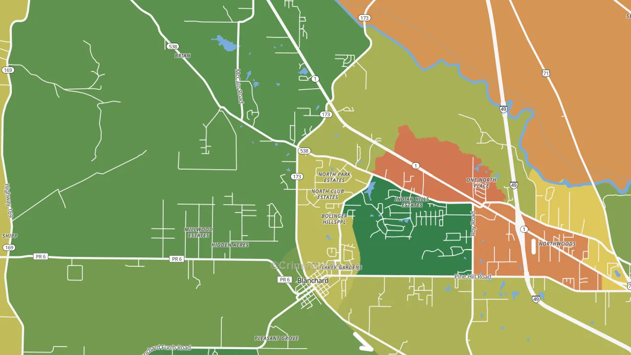Blanchard, LA Map of Robbery Rates