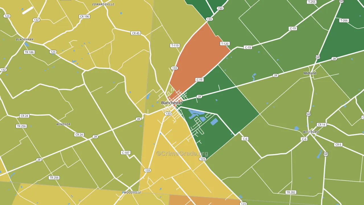 Blanchester, OH Map of Robbery Rates