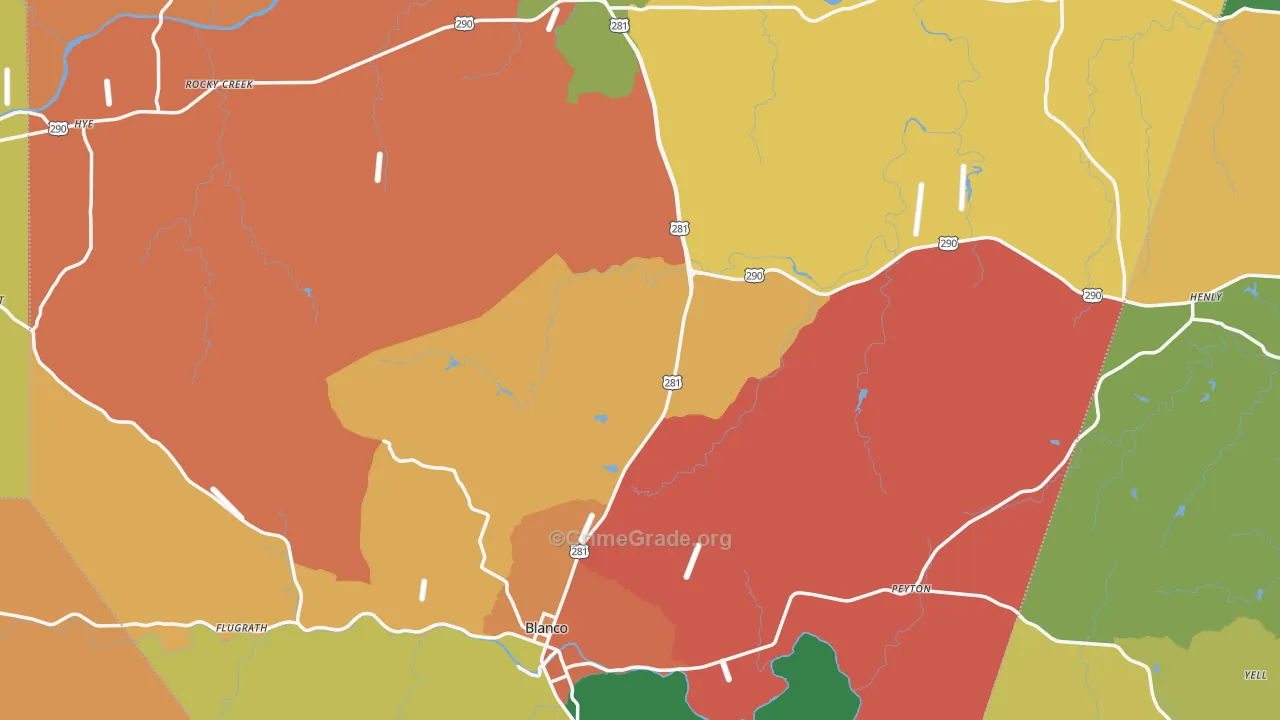 Blanco County, TX Map of Robbery Rates
