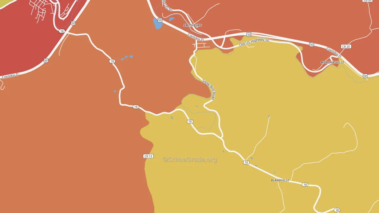 Blandville, WV Map of Robbery Rates