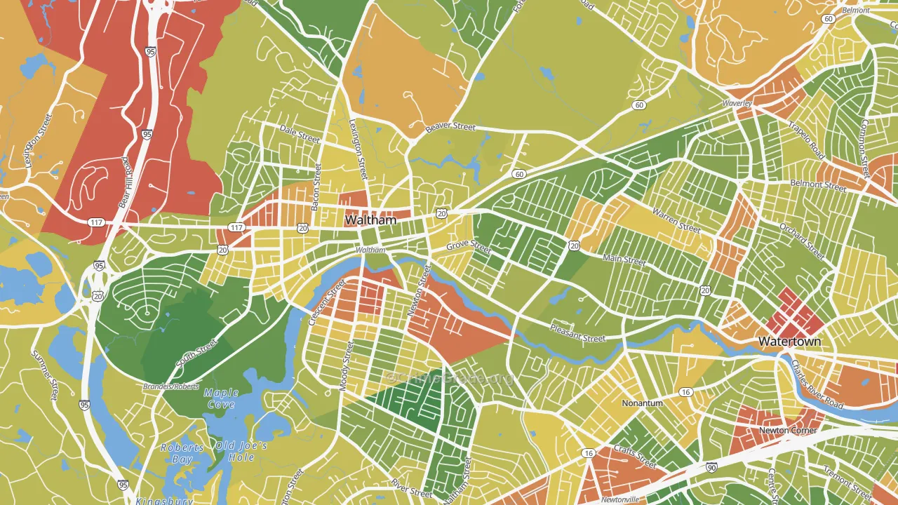 Bleachery, Waltham, MA Map of Robbery Rates