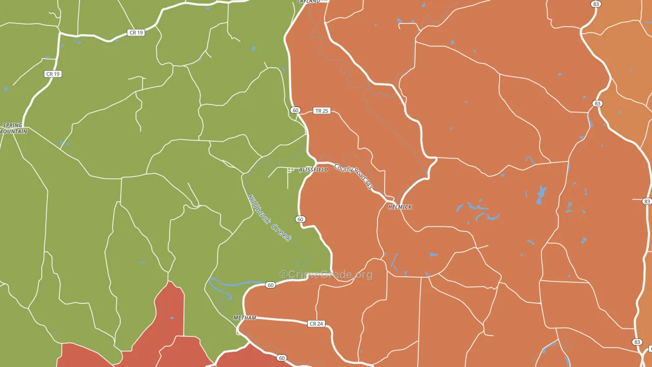 Blissfield, OH Map of Robbery Rates