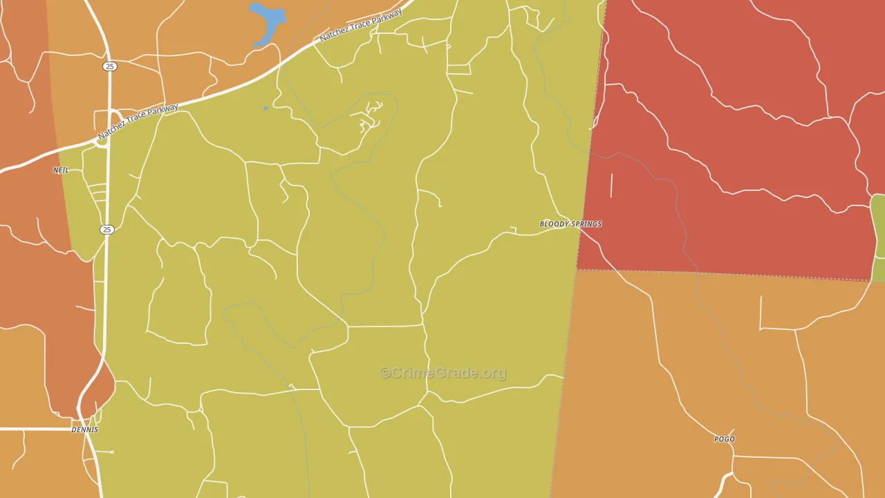 Bloody Springs, MS Map of Robbery Rates