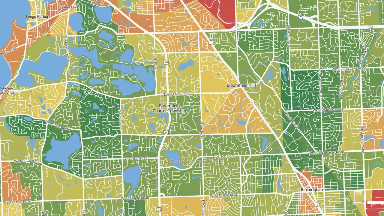 Bloomfield Hills, MI Map of Robbery Rates