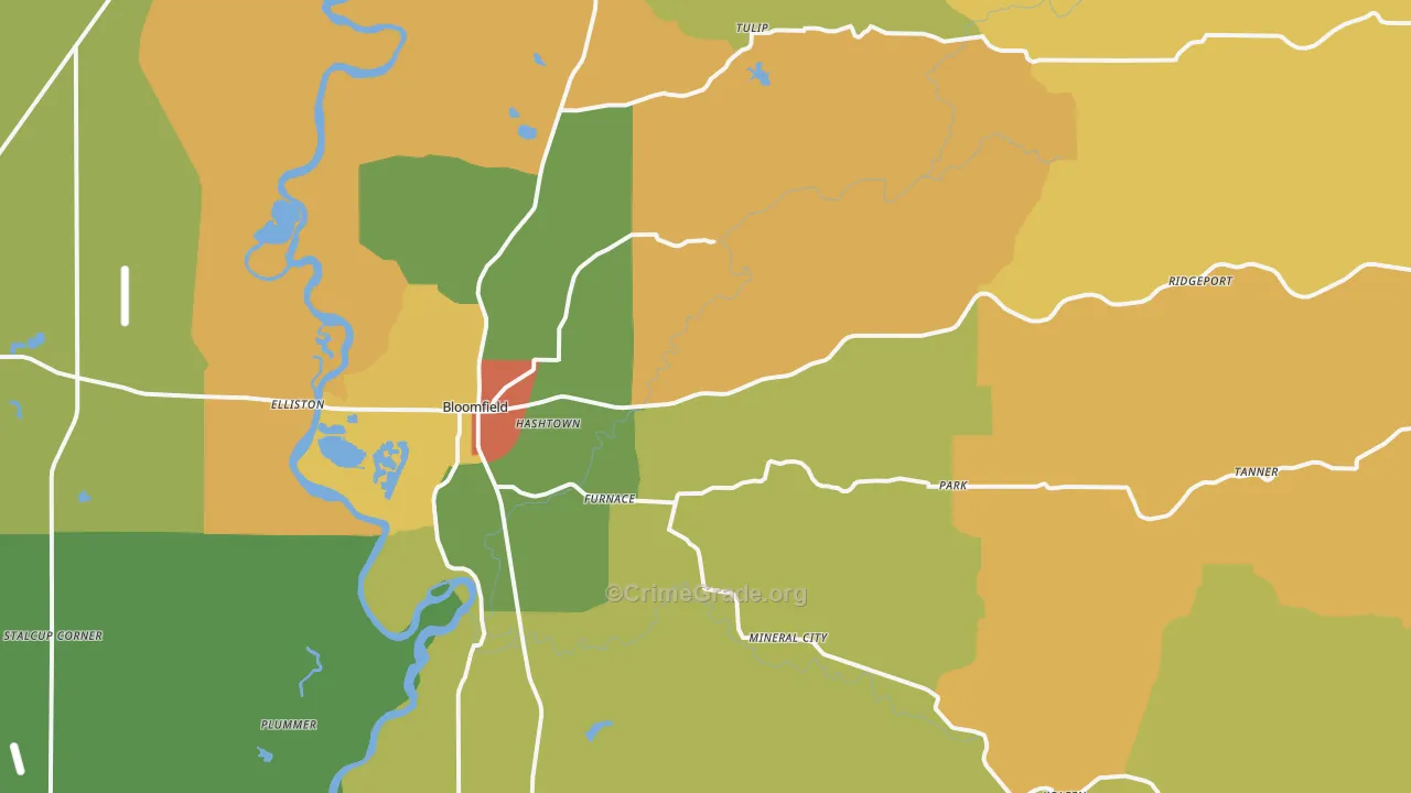 Bloomfield, IN Map of Robbery Rates