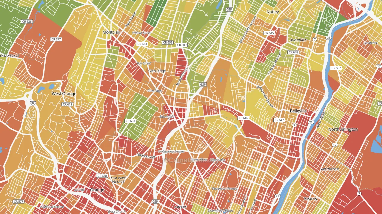 Bloomfield, NJ Map of Robbery Rates