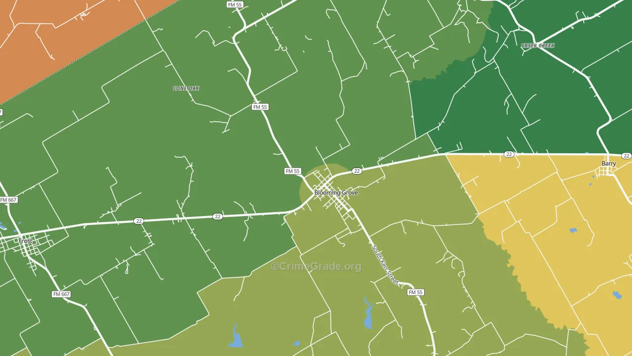Blooming Grove, TX Map of Robbery Rates