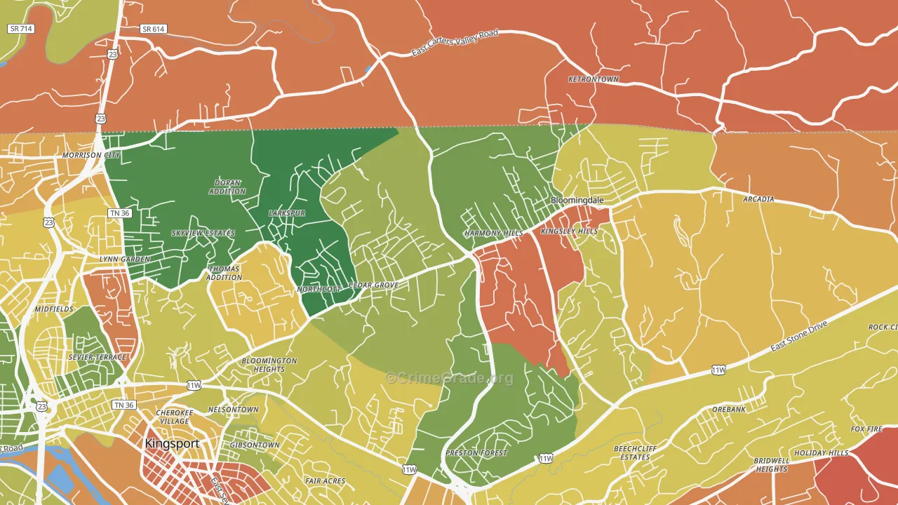 Bloomingdale, TN Map of Robbery Rates