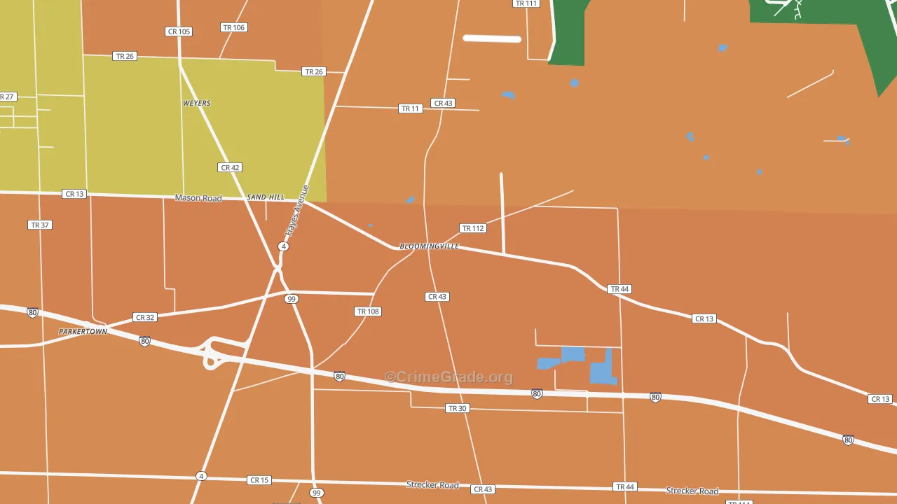 Bloomingville, OH Map of Robbery Rates