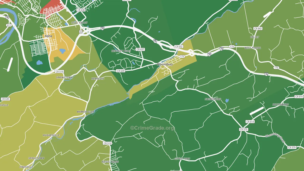 Bloomsbury, NJ Map of Robbery Rates