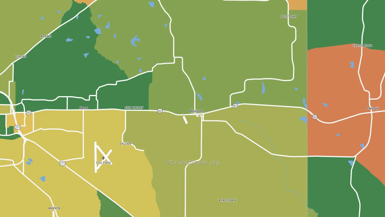 Blossom, TX Map of Robbery Rates
