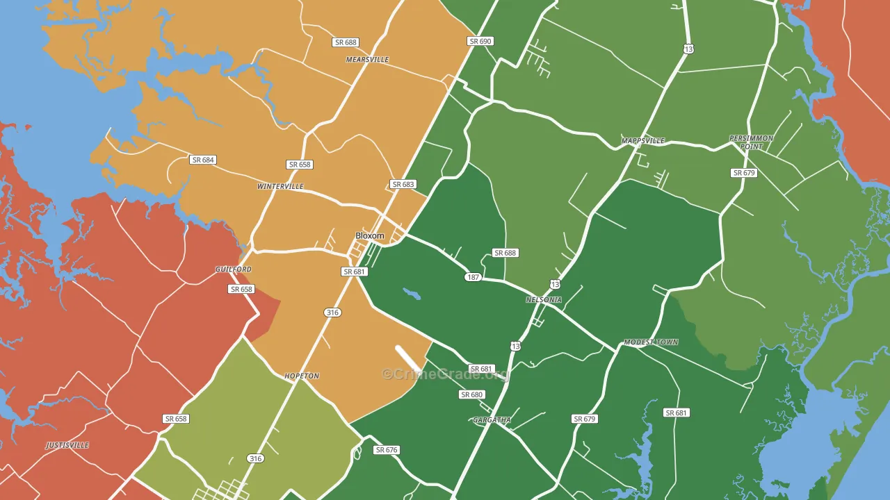 Bloxom, VA Map of Robbery Rates