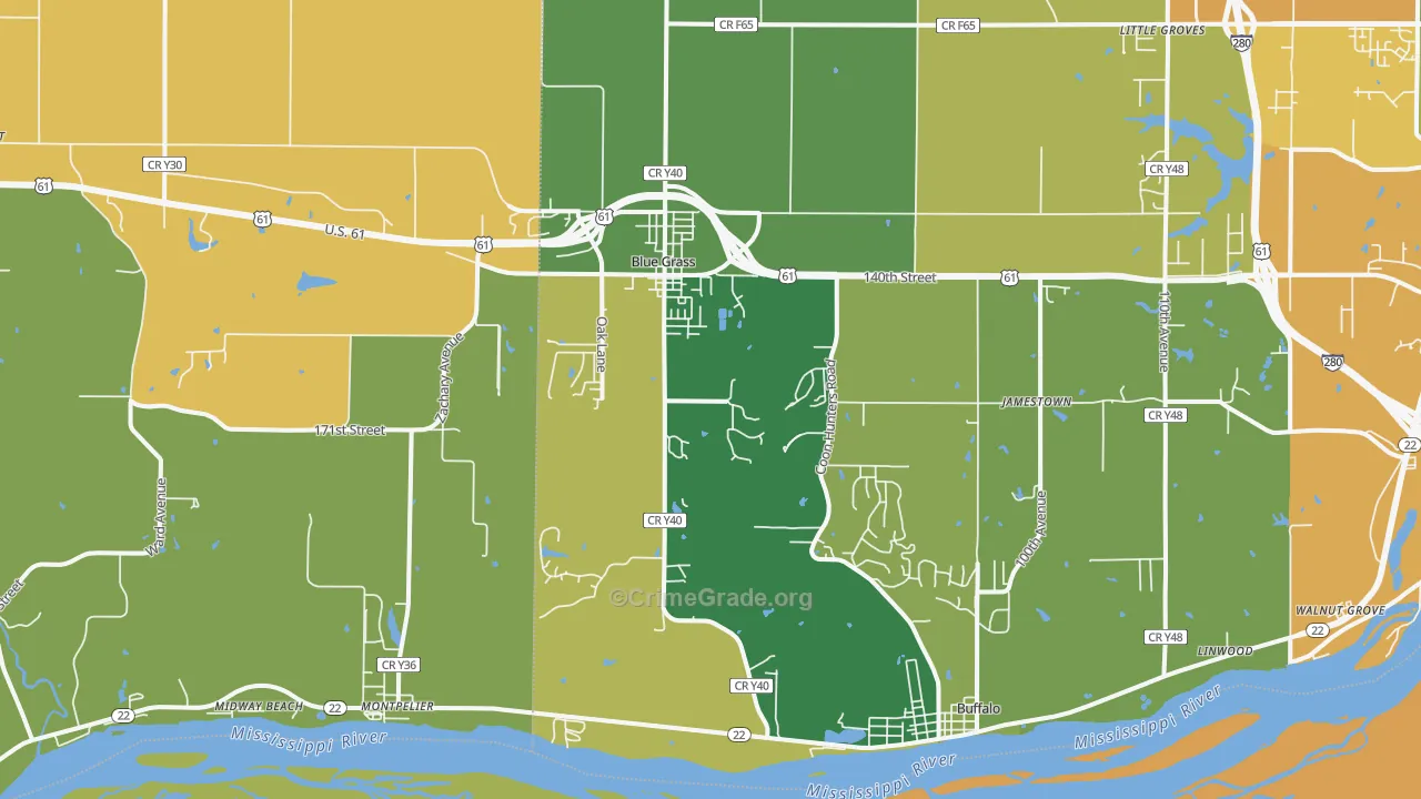 Blue Grass, IA Map of Robbery Rates