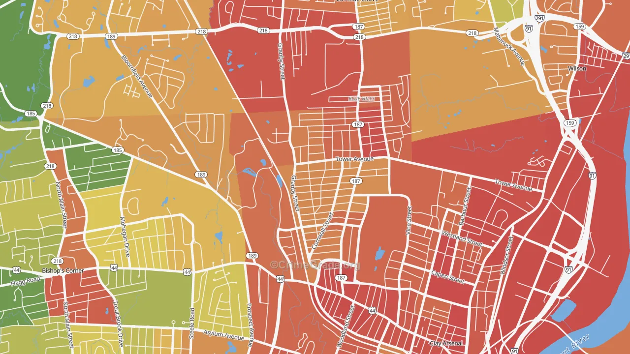 Blue Hills, Hartford, CT Map of Robbery Rates