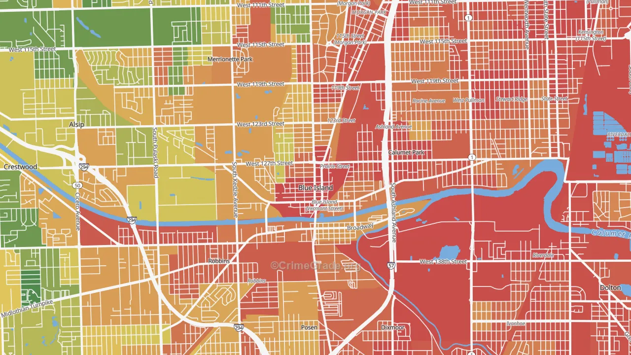 Blue Island, IL Map of Robbery Rates