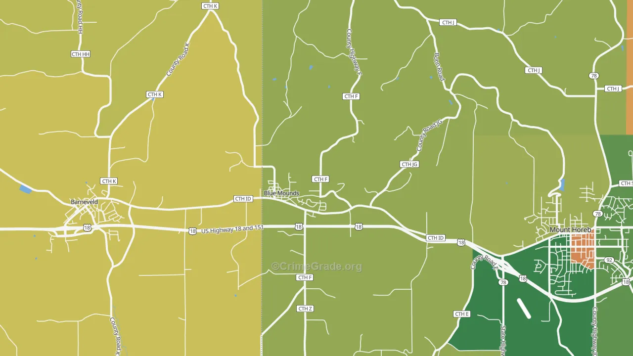 Blue Mounds, WI Map of Robbery Rates
