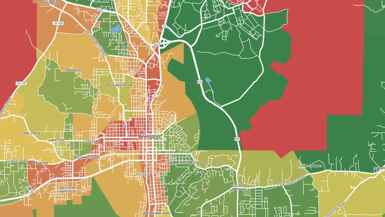 Blue Mountain, AL Map of Robbery Rates