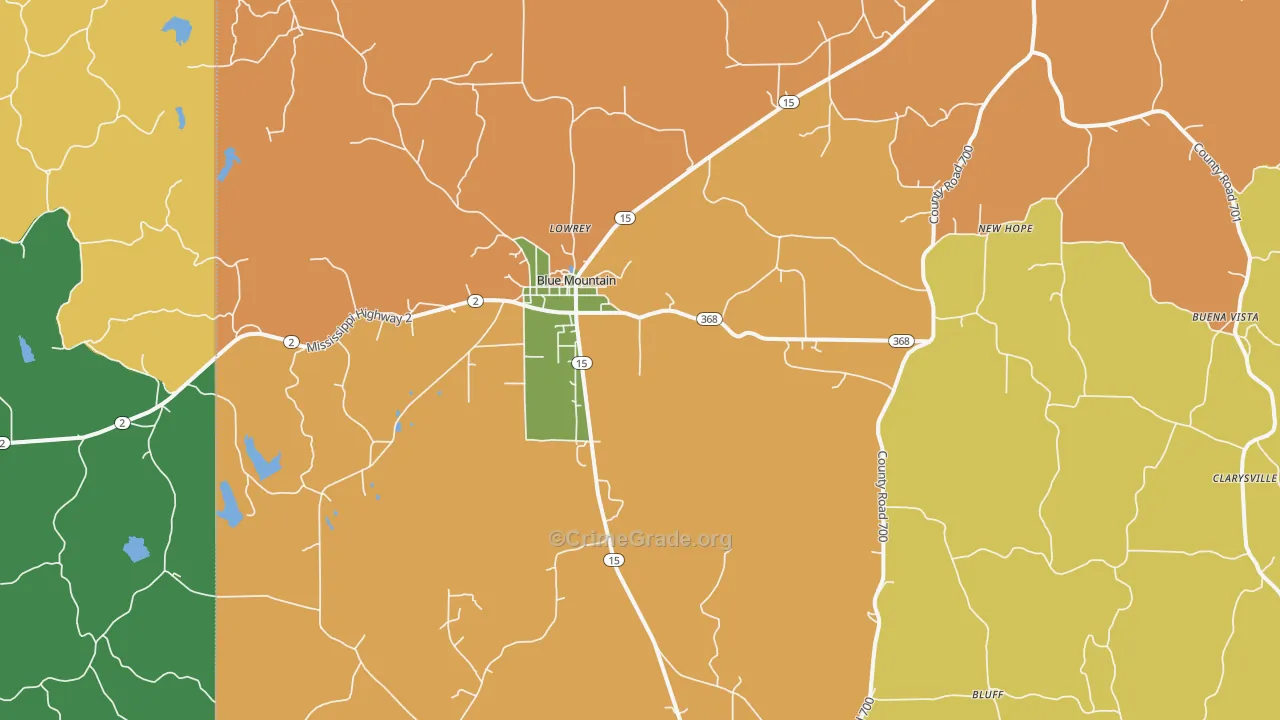 Blue Mountain, MS Map of Robbery Rates