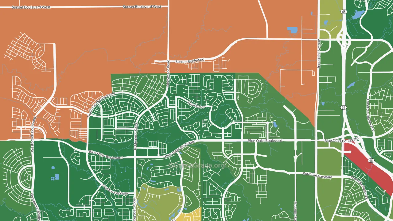 Blue Oaks, Roseville, CA Map of Robbery Rates