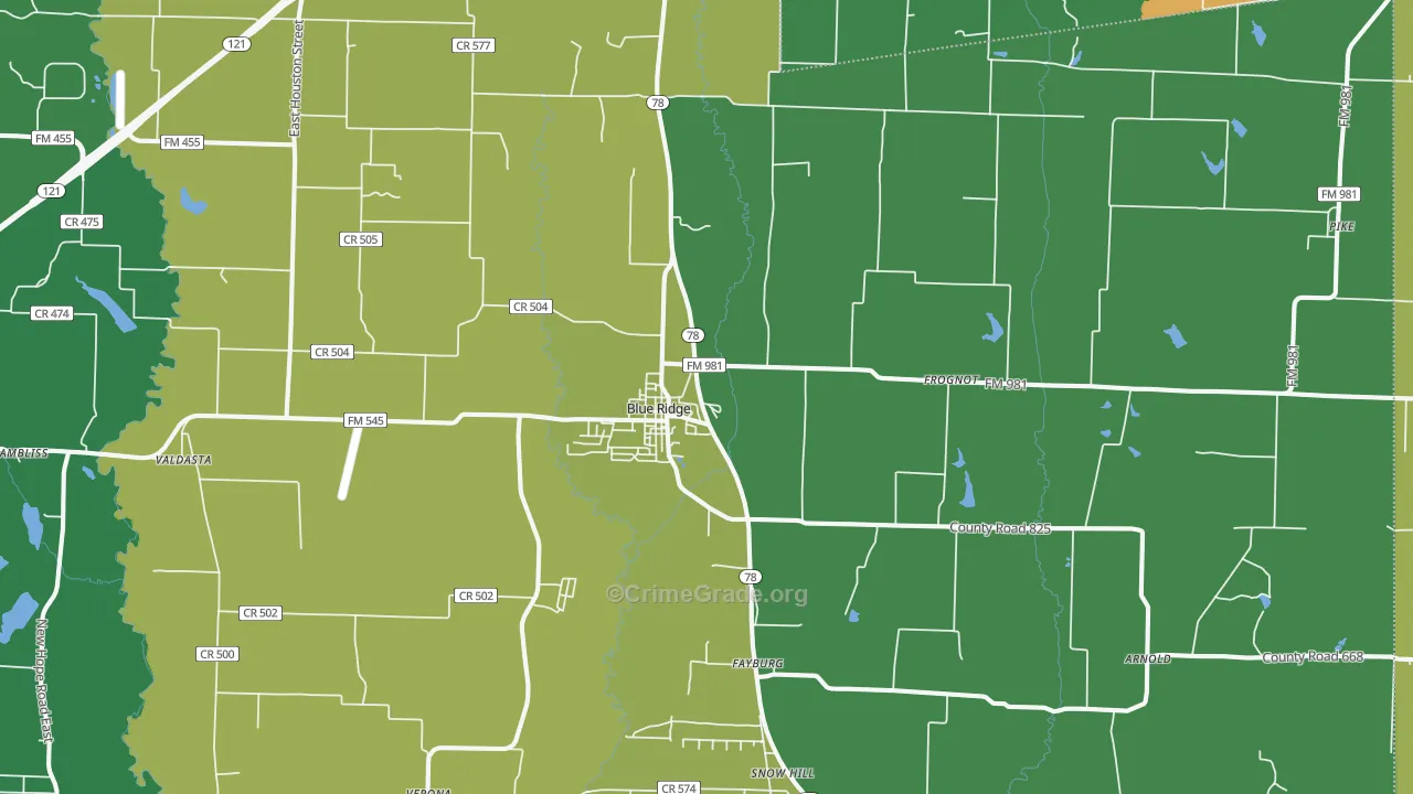 Blue Ridge, TX Map of Robbery Rates