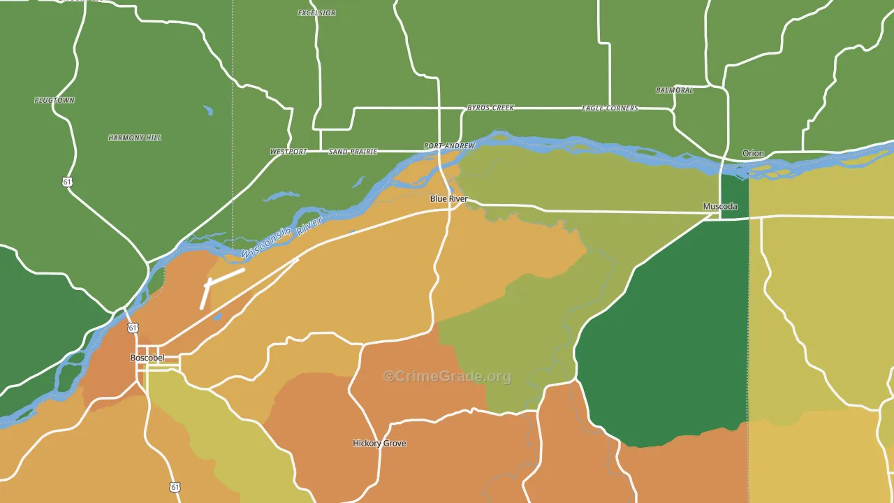 Blue River, WI Map of Robbery Rates