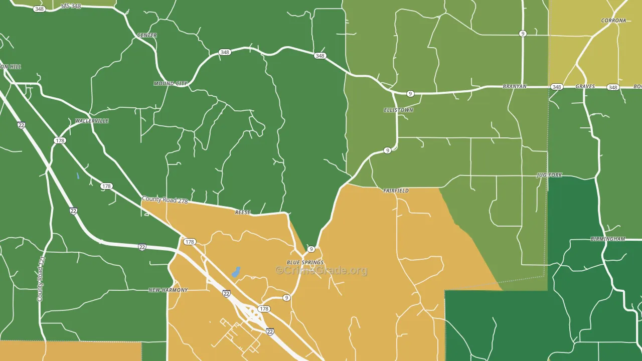 Blue Springs, MS Map of Robbery Rates