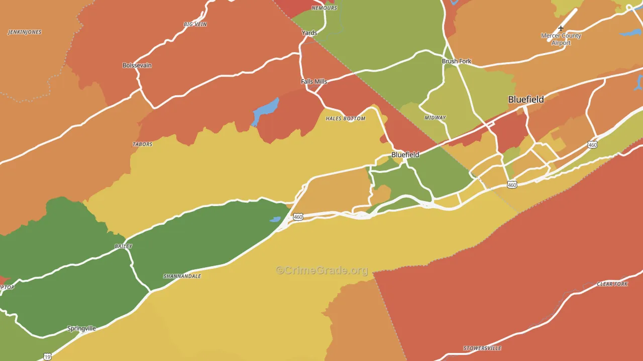 Bluefield, VA Map of Robbery Rates