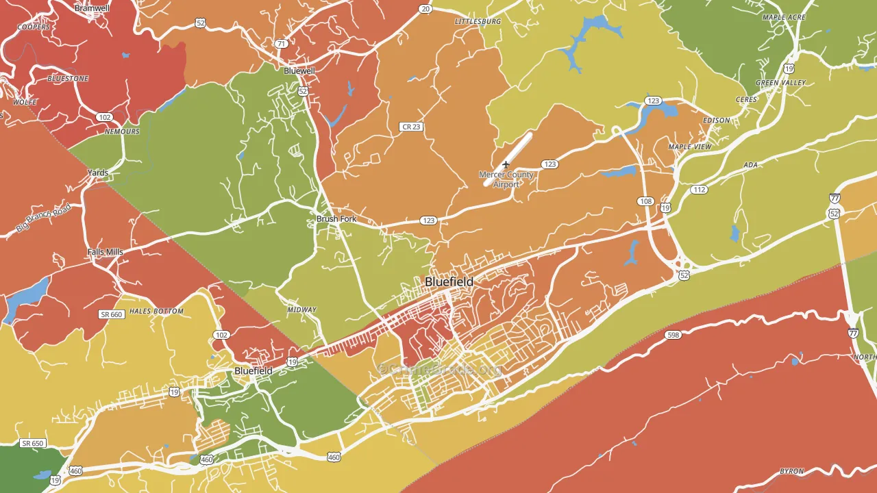 Bluefield, WV Map of Robbery Rates