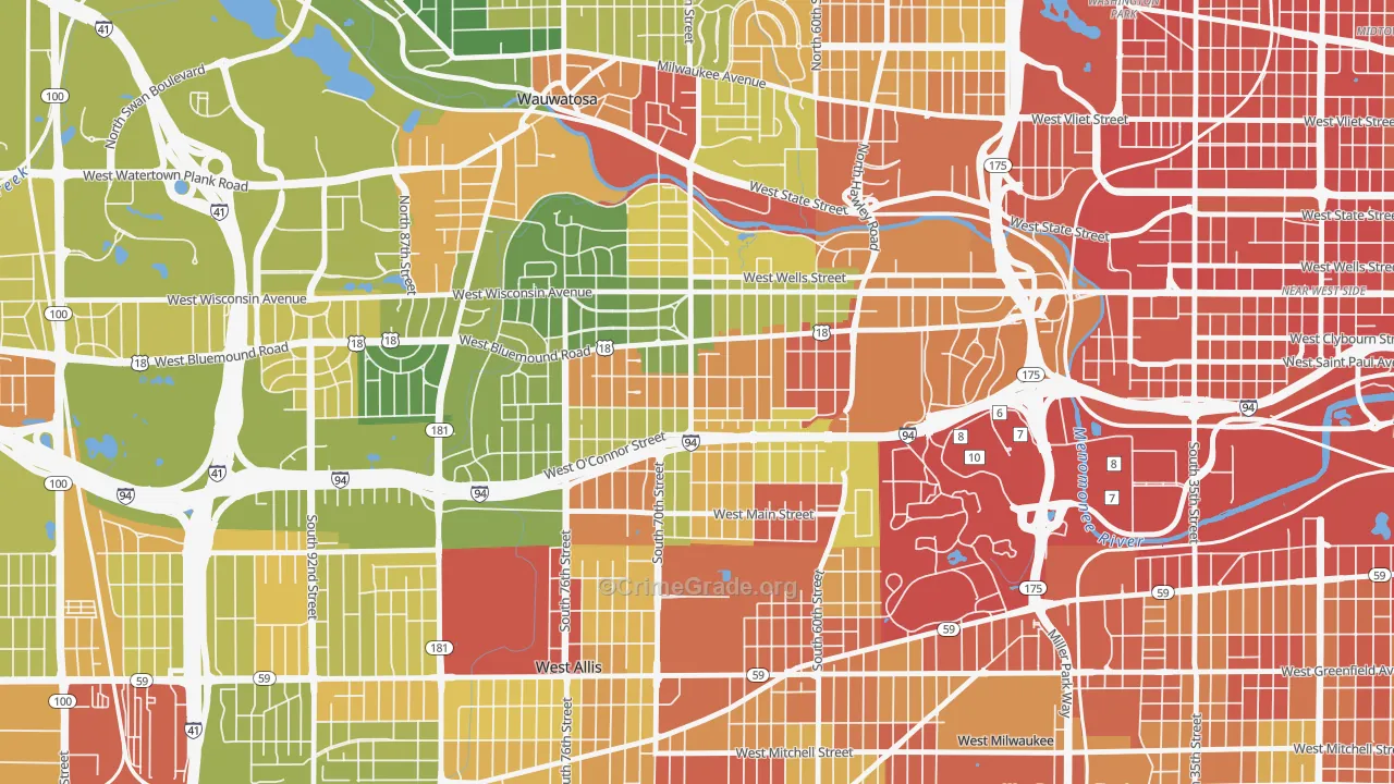 Bluemound Heights, Milwaukee, WI Map of Robbery Rates