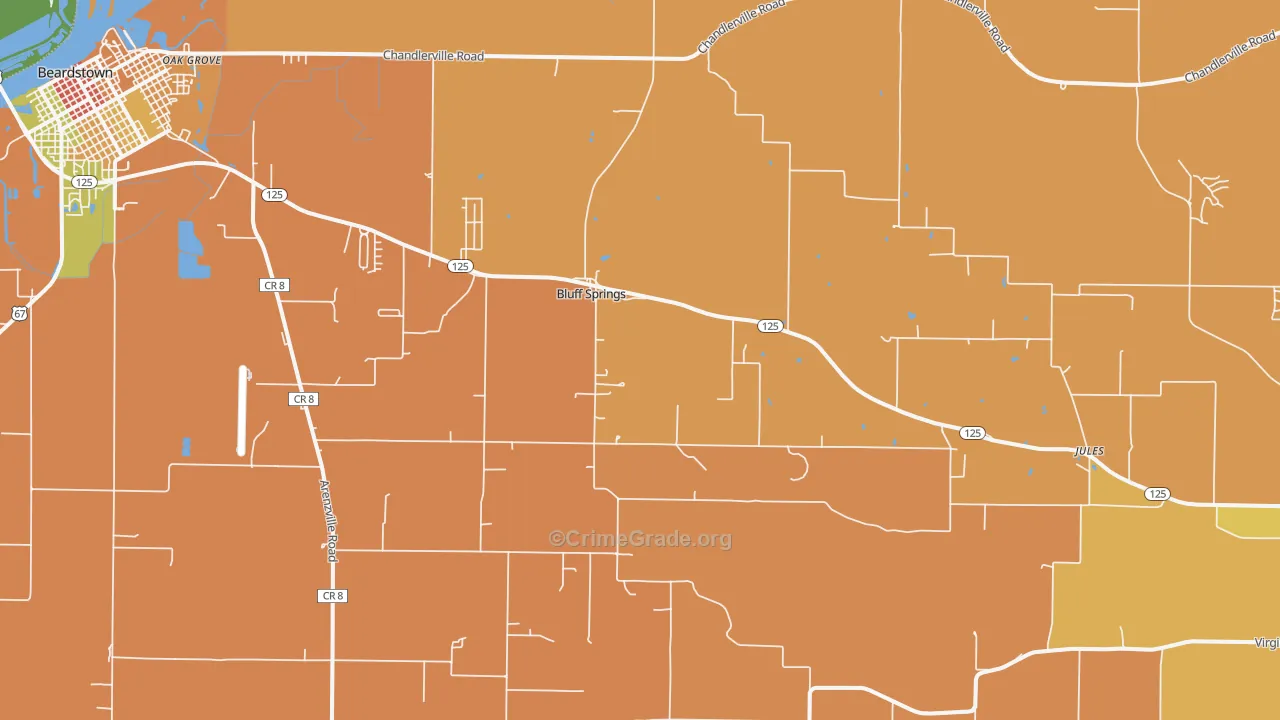Bluff Springs, IL Map of Robbery Rates