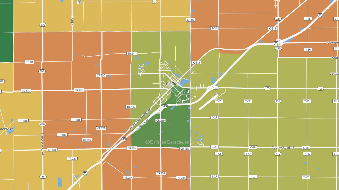 Bluffton, OH Map of Robbery Rates