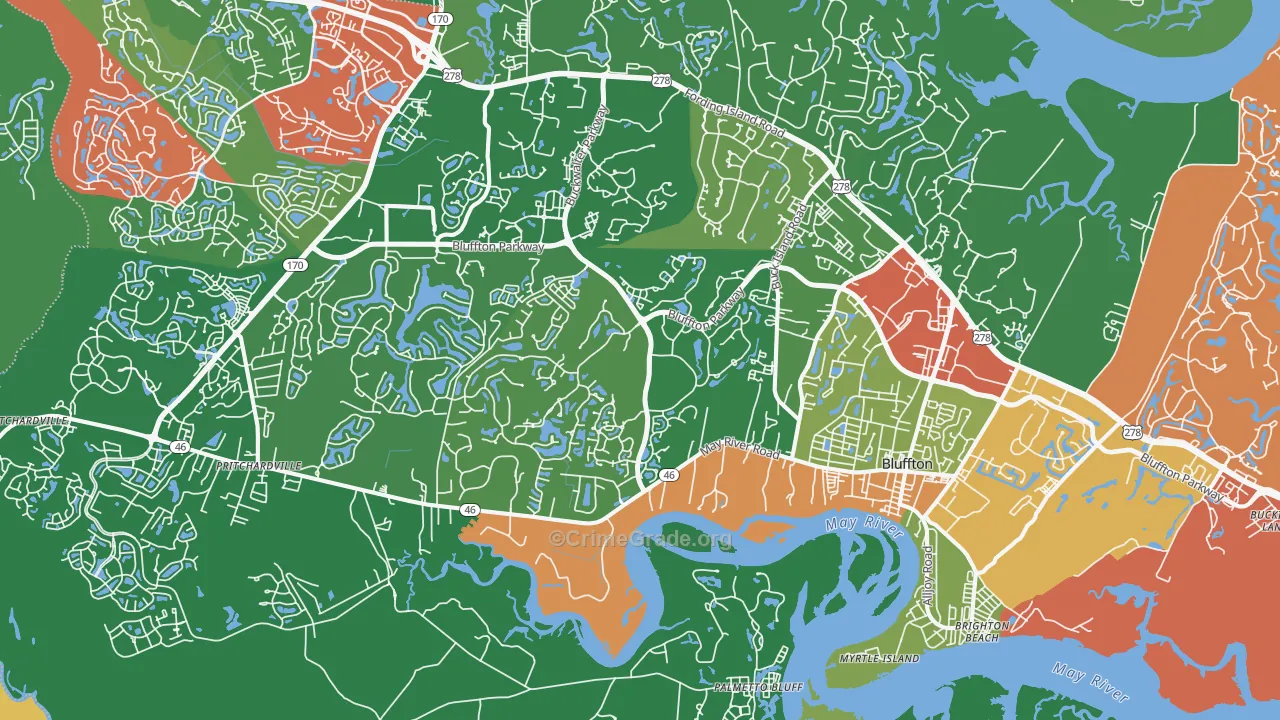 Bluffton, SC Map of Robbery Rates