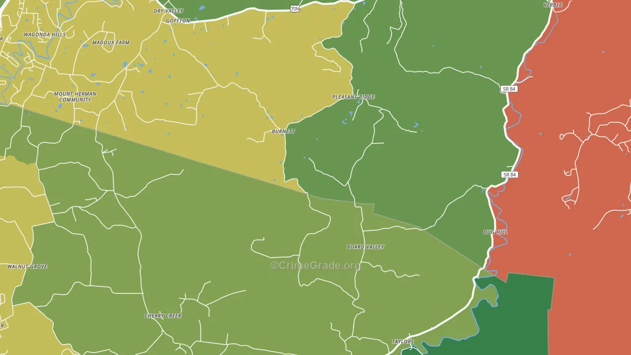 Board Valley, TN Map of Robbery Rates