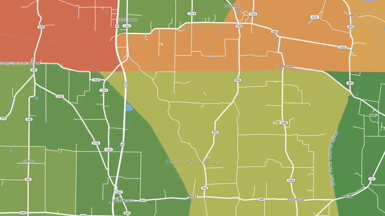 Boaz, KY Map of Robbery Rates