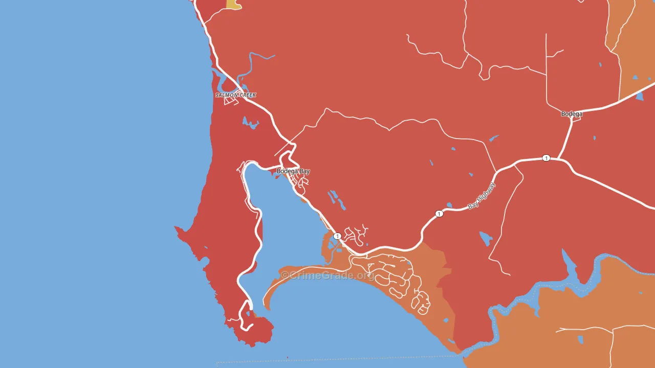Bodega Bay, CA Map of Robbery Rates