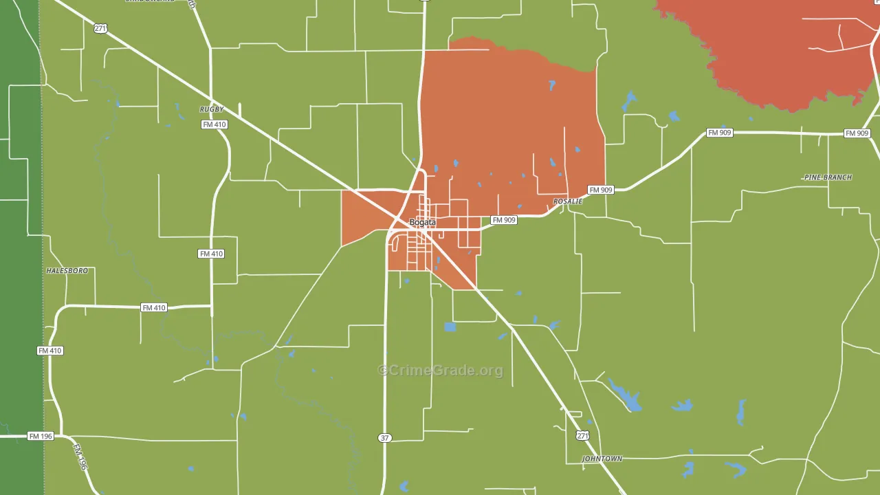 Bogata, TX Map of Robbery Rates