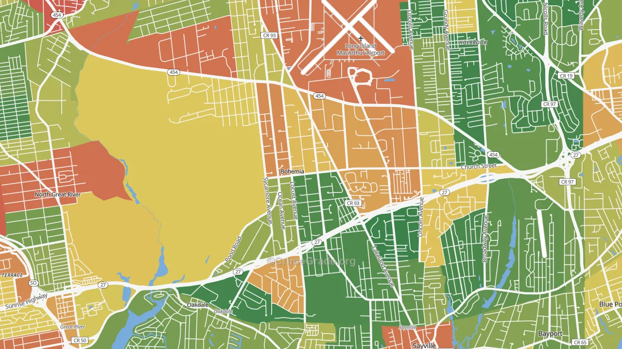 Bohemia, NY Map of Robbery Rates