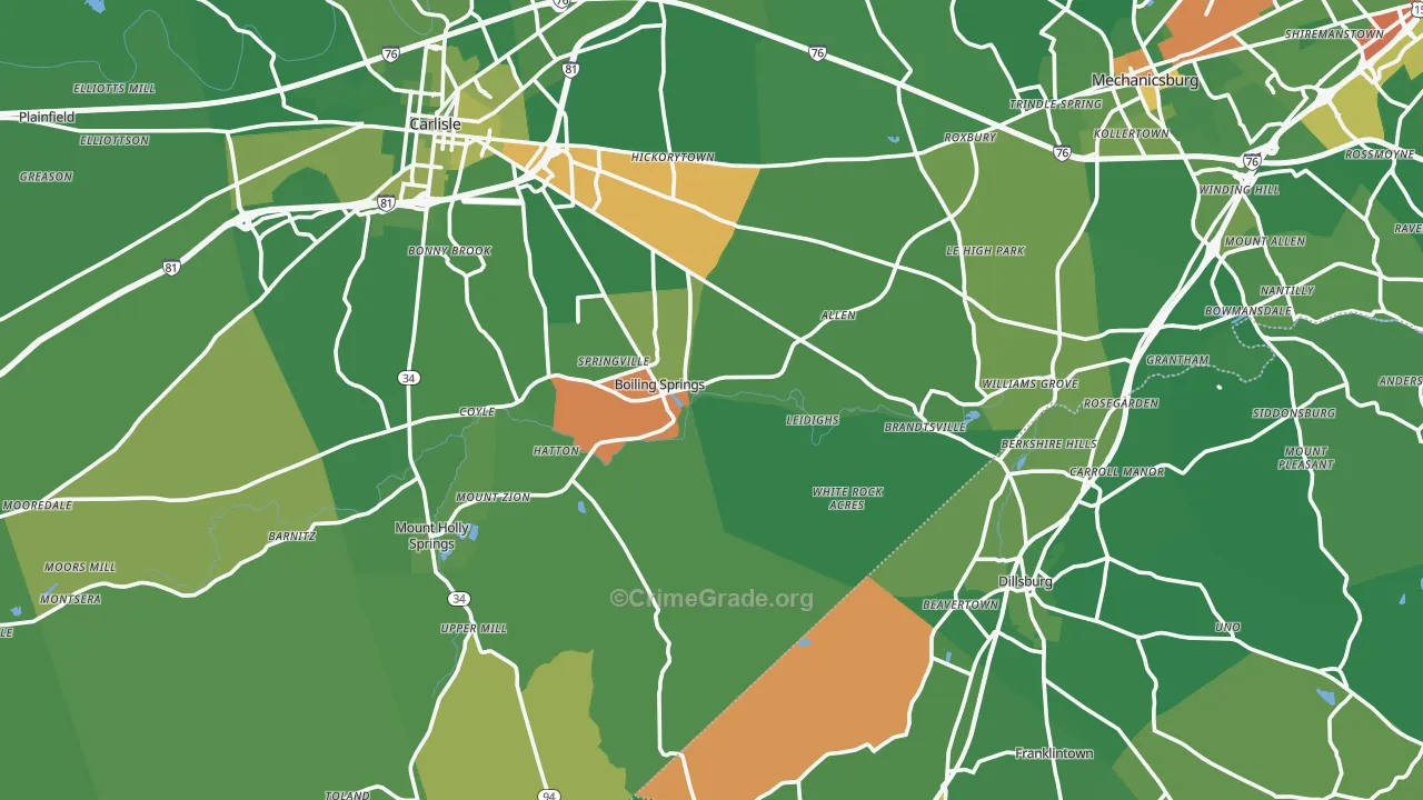 Boiling Springs, PA Map of Robbery Rates