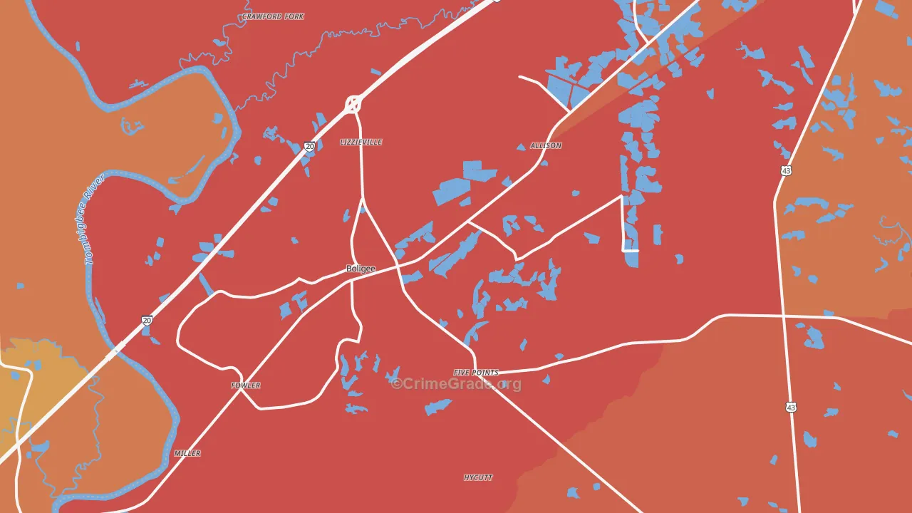 Boligee, AL Map of Robbery Rates