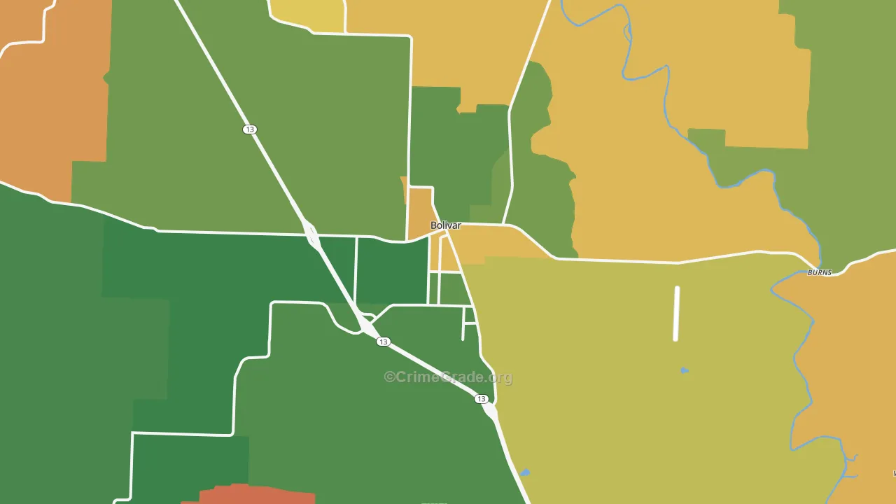 Bolivar, MO Map of Robbery Rates