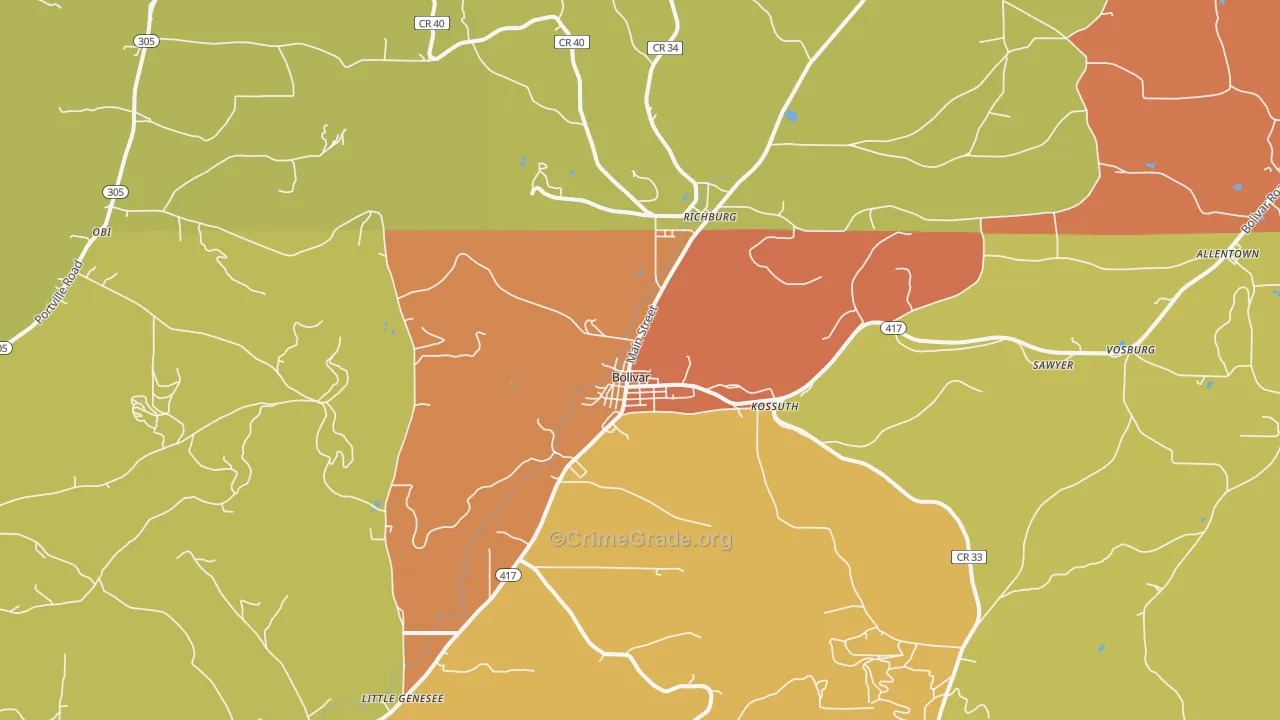 Bolivar, NY Map of Robbery Rates