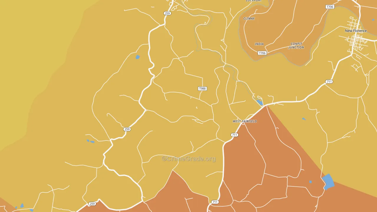 Bolivar, PA Map of Robbery Rates