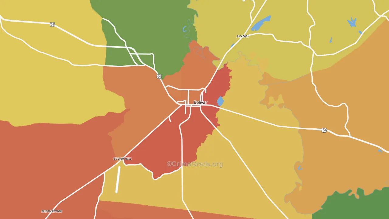 Bolivar, TN Map of Robbery Rates