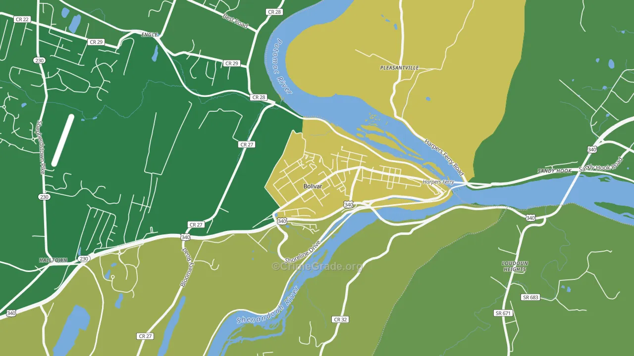 Bolivar, WV Map of Robbery Rates
