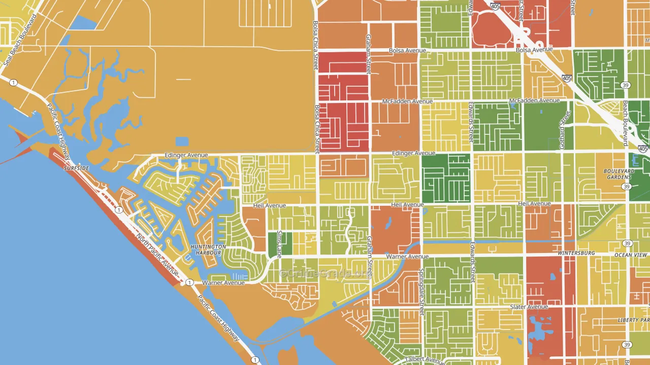 Bolsa Chica-Heil, Huntington Beach, CA Map of Robbery Rates