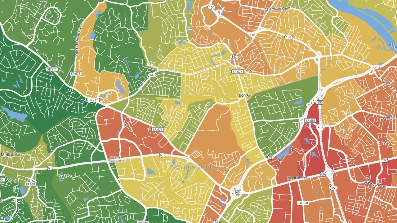 Bon Air, VA Map of Robbery Rates