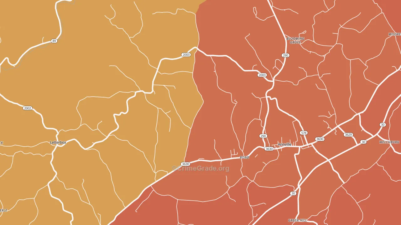 Bond, KY Map of Robbery Rates