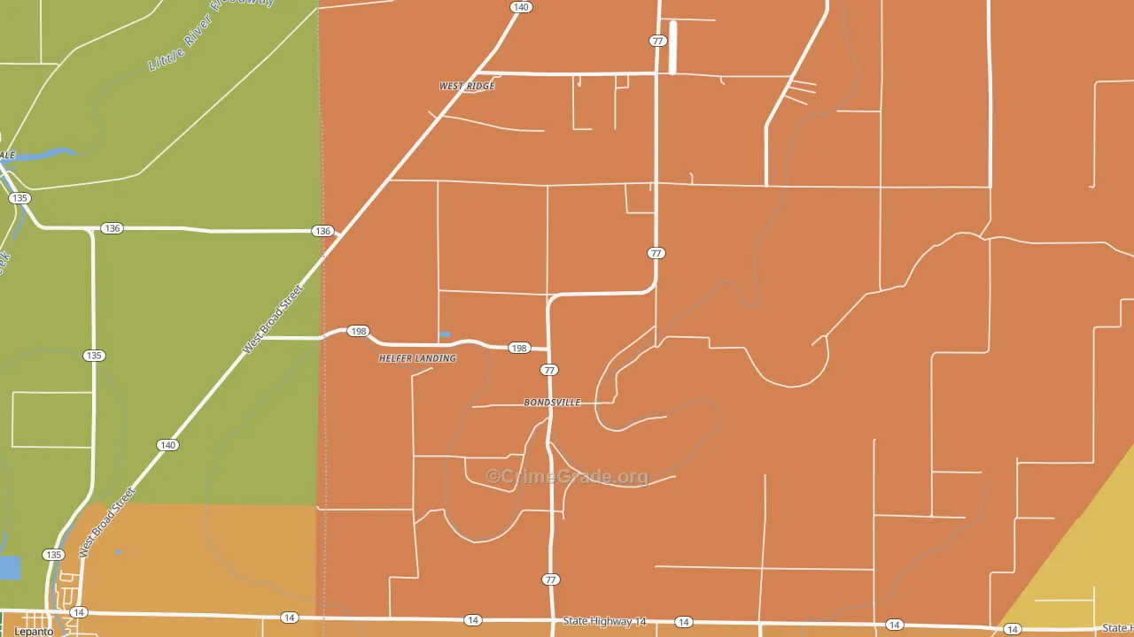 Bondsville, AR Map of Robbery Rates