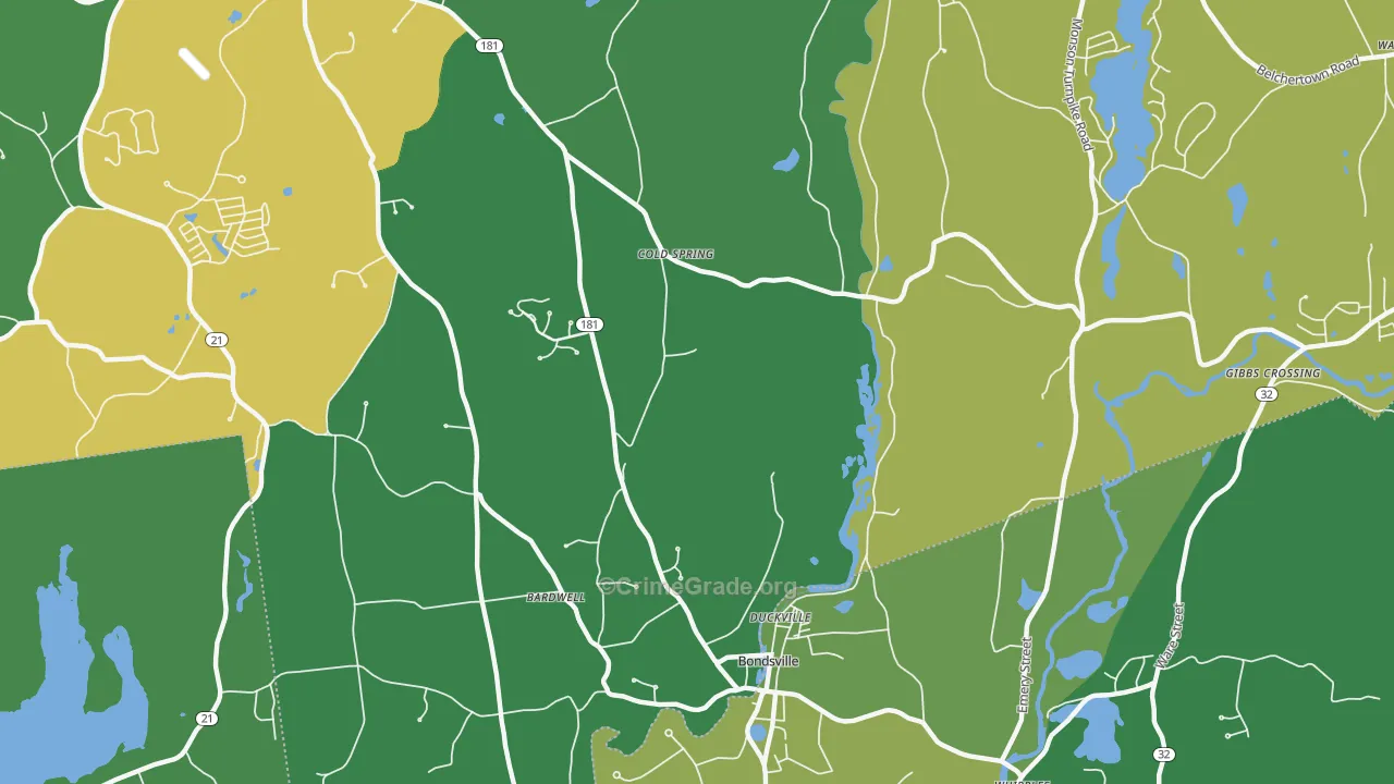 Bondsville, MA Map of Robbery Rates