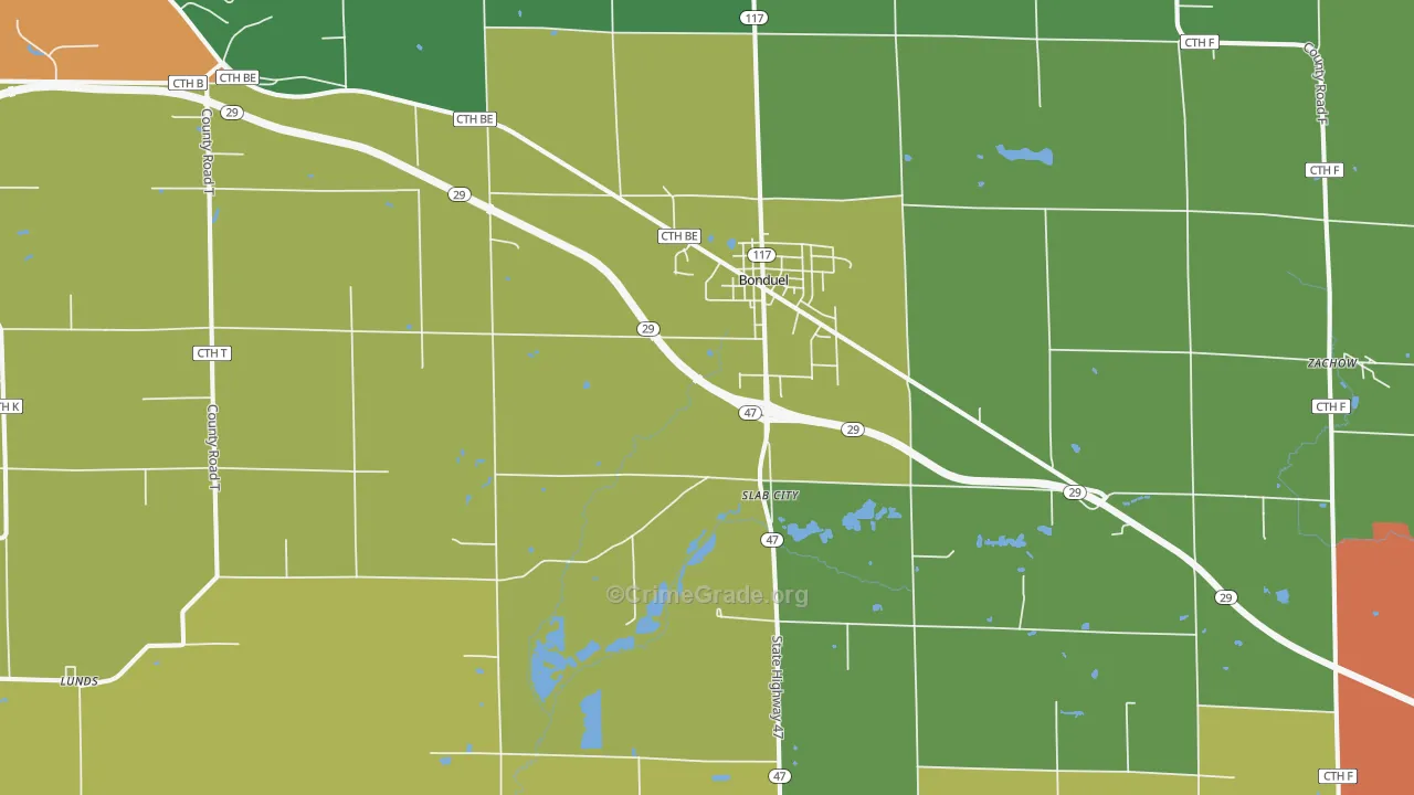 Bonduel, WI Map of Robbery Rates